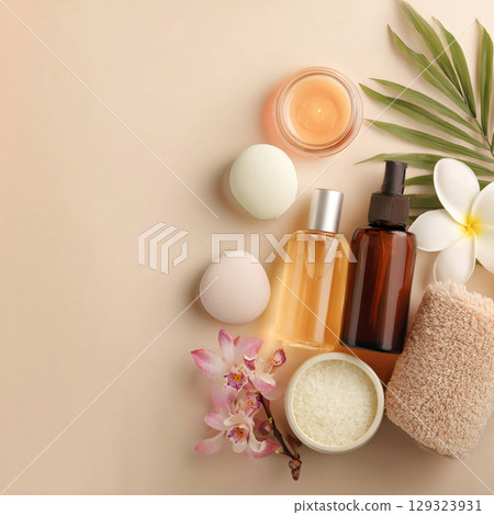 Elegant Spa Cosmetic Set with Towels and Blossoms  Soft Beauty and Skincare Concept 129323931