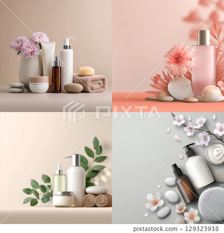 Elegant Spa Cosmetic Set with Towels and Blossoms  Soft Beauty and Skincare Concept 129323938