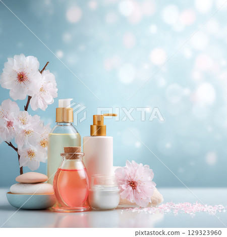 Elegant Spa Cosmetic Set with Towels and Blossoms  Soft Beauty and Skincare Concept 129323960