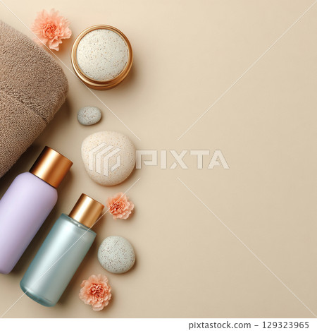 Elegant Spa Cosmetic Set with Towels and Blossoms  Soft Beauty and Skincare Concept 129323965