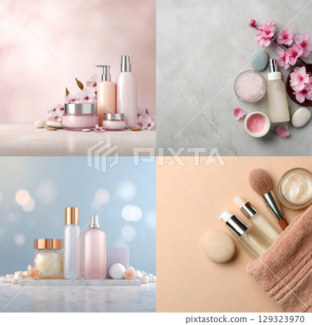 Elegant Spa Cosmetic Set with Towels and Blossoms  Soft Beauty and Skincare Concept 129323970