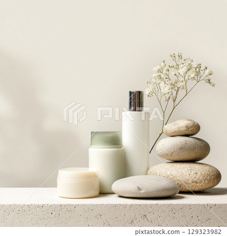 Elegant Spa Cosmetic Set with Towels and Blossoms Soft Beauty and Skincare Concept Elegant Spa Cosmetic Set with Towels and Blossoms Soft Beauty and Skincare Concept 129323982