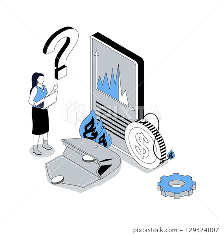 Unemployment and crisis 3d isometric concept with isometry people design for web. Woman losing all money and savings, faces global economic falling and banking system collapsing. Vector illustration Unemployment and crisis 3d isometric concept with isometry people design for web. Woman losing all money and savings, faces global economic falling and banking system collapsing. Vector illustration 129324007