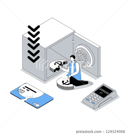 Unemployment and crisis 3d isometric concept with isometry people design for web. Sadness man losing all money, faces global economic recession and banking system collapsing. Vector illustration Unemployment and crisis 3d isometric concept with isometry people design for web. Sadness man losing all money, faces global economic recession and banking system collapsing. Vector illustration 129324008