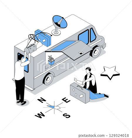 Travelling 3d isometric concept with isometry people design for web. Men going to summer vacation on camper car, tourists driving van in resort journey with baggage and compass. Vector illustration 129324018