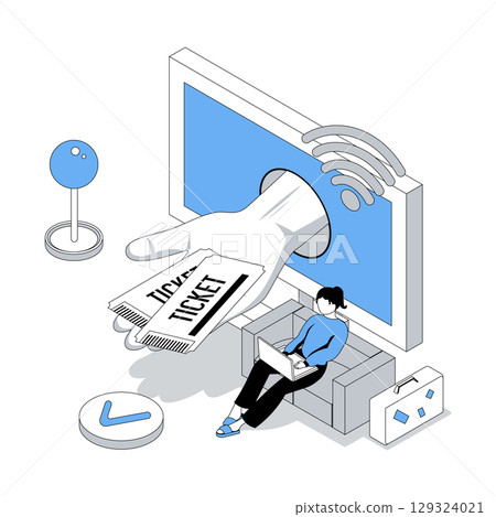 Travelling 3d isometric concept with isometry people design for web. Woman planning summer vacation, booking flight tickets online with passport, making reservation at computer. Vector illustration 129324021