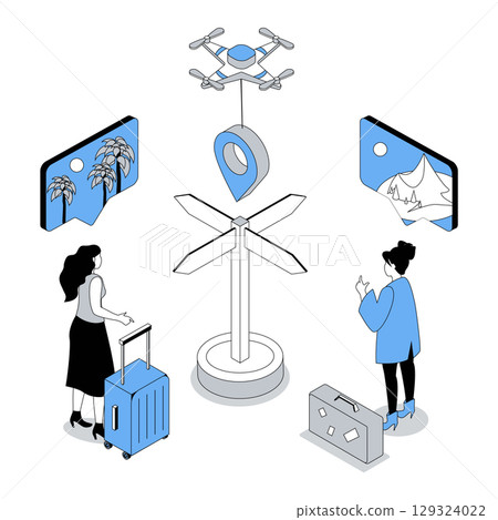 Travelling 3d isometric concept with isometry people design for web. Woman with luggages planning summer trip, choosing directions between sea beach resort and mountains hiking. Vector illustration 129324022
