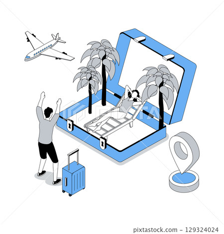 Travelling 3d isometric concept with isometry people design for web. Man and woman go on summer trip in sea beach vacation and booking tickets online to flight transportation. Vector illustration 129324024