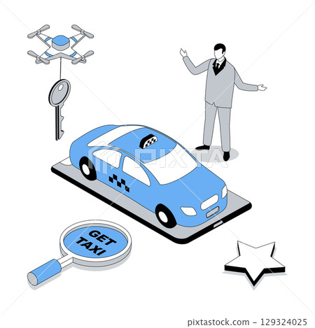 Taxi service 3d isometric concept with isometry people design for web. Man finding automobile transfer in city and ordering car cab with best rating driver from mobile app or call. Vector illustration 129324025