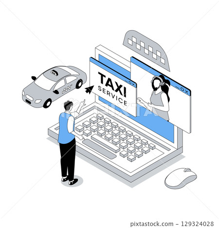 Taxi service 3d isometric concept with isometry people design for web. Man talking with operator by video and ordering car cab from laptop, using automobile transfer in city. Vector illustration Taxi service 3d isometric concept with isometry people design for web. Man talking with operator by video and ordering car cab from laptop, using automobile transfer in city. Vector illustration 129324028