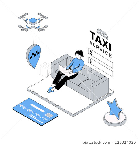 Taxi service 3d isometric concept with isometry people design for web. Woman ordering online car cab from laptop, using automobile transfer website and login her personal profile. Vector illustration 129324029