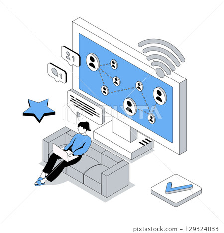 Social network 3d isometric concept with isometry people design for web. Woman connecting online with friends, chatting and sending messages to internet users, getting emails. Vector illustration 129324033