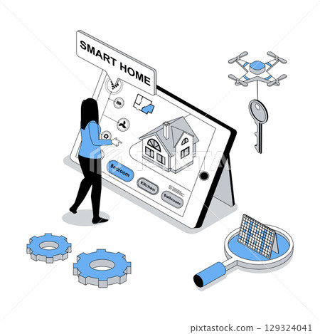 Smart home 3d isometric concept with isometry people design for web. Woman using automation system with projection on screen, managing electricity, conditioner, hvac, thermostats. Vector illustration 129324041