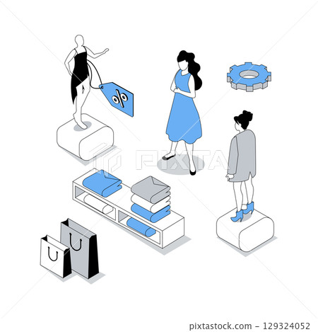 Shopping 3d isometric concept with isometry people design for web. Woman choosing new apparel in clothes store showroom, finding fashion dresses at clearance with best prices. Vector illustration Shopping 3d isometric concept with isometry people design for web. Woman choosing new apparel in clothes store showroom, finding fashion dresses at clearance with best prices. Vector illustration 129324052