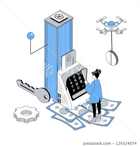 Real estate 3d isometric concept with isometry people design for web. Woman searching new apartment in skyscraper, paying money to realtor, buying residential or rental property. Vector illustration Real estate 3d isometric concept with isometry people design for web. Woman searching new apartment in skyscraper, paying money to realtor, buying residential or rental property. Vector illustration 129324074