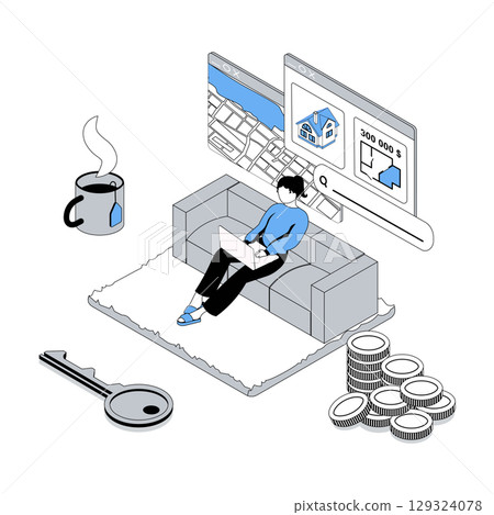 Real estate 3d isometric concept with isometry people design for web. Woman searching new house online, looking home and apartment plans, planning buying residential property. Vector illustration 129324078
