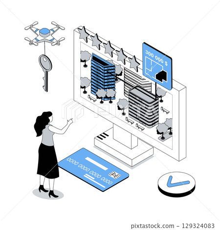 Real estate 3d isometric concept with isometry people design for web. Woman searching new house at agency website, looking apartment plans and buying property with credit card. Vector illustration 129324083