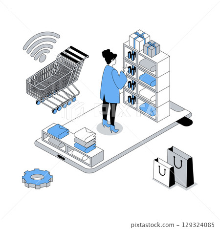 Online shopping 3d isometric concept with isometry people design for web. Woman with cart choosing products supermarket or grocery store website, paying online in mobile app. Vector illustration 129324085