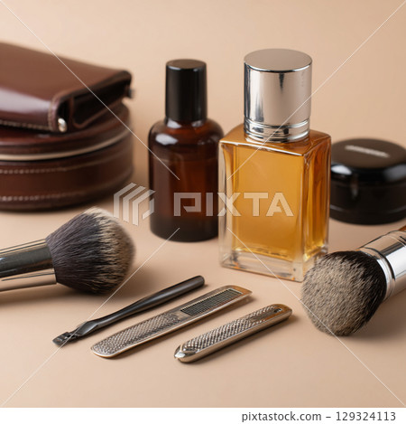 Mens Grooming and Skincare Set on Calming Background  Minimalist Beauty Concept 129324113
