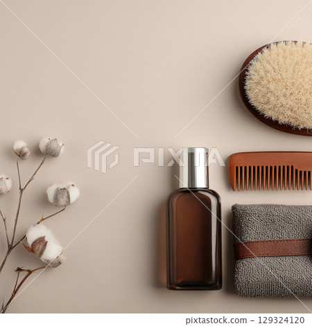 Mens Grooming and Skincare Set on Calming Background  Minimalist Beauty Concept 129324120