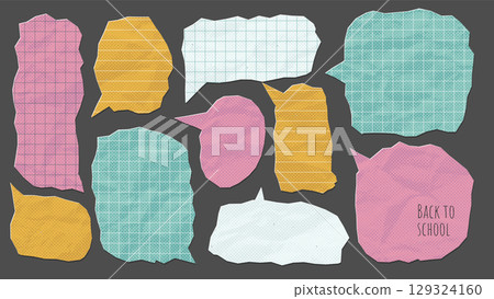 Set of speech bubbles torn out of crumpled paper. Dialog Stickers with jagged edges. Grid and striped notebook sheets. Mixed media Vector illustration. 129324160