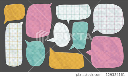 Crumpled paper stickers with speech bubble shapes set. Comic retro cartoon elements made from color and grid paper. Pop art style. Vintage icons with wrinkled paper texture, edges. Vector design 129324161