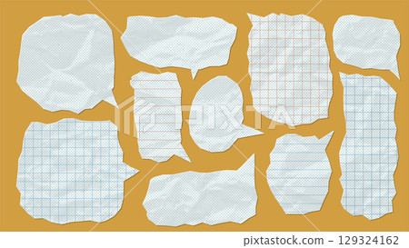 Set of white dialogue bubbles made from crumpled paper with math lines notebook pattern. Vintage speech shapes with halftone effect, dotted gritty texture and cut out notebook sheet edges. Vector 129324162