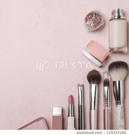 Elegant Makeup and Skincare Accessories on Soft Background with Flowers 129324180
