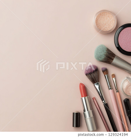 Elegant Makeup and Skincare Accessories on Soft Background with Flowers 129324194