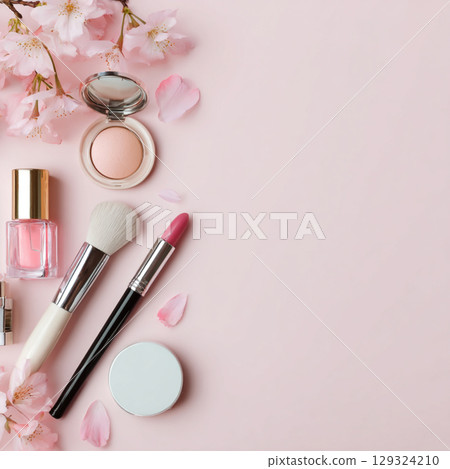 Elegant Makeup and Skincare Accessories on Soft Background with Flowers 129324210