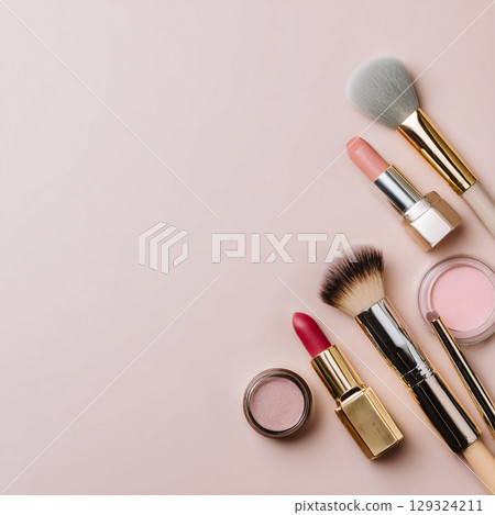 Elegant Makeup and Skincare Accessories on Soft Background with Flowers 129324211