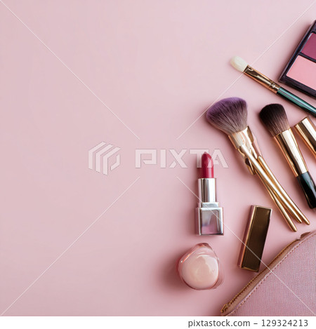 Elegant Makeup and Skincare Accessories on Soft Background with Flowers 129324213