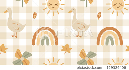 Boho baby patchwork seamless pattern with rainbows suns and goose in pastel colors Boho baby patchwork seamless pattern with rainbows suns and goose in pastel colors 129324406