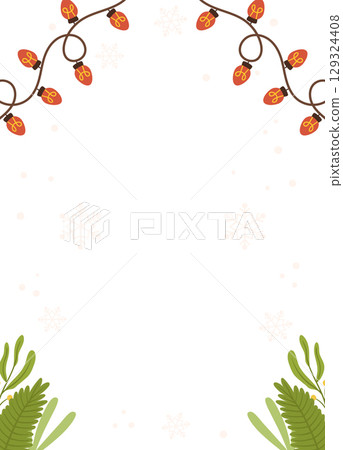 Festive Poster template design featuring red string lights, greenery, and snowflakes on a white background with ample blank space for text or design. Festive Poster template design featuring red string lights, greenery, and snowflakes on a white background with ample blank space for text or design. 129324408