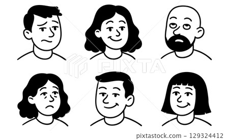 Set of doodle faces with different facial expressions of men and women 129324412