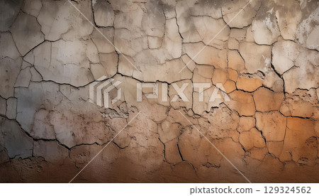 Cracked concrete wall texture with variations in color and stains 129324562