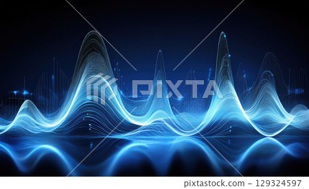 Visually striking blue audio waveform with smooth curves and reflections 129324597