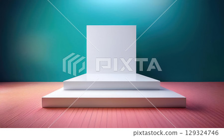 bright empty room featuring white pedestal display on vivid background, creating striking visual impact 129324746