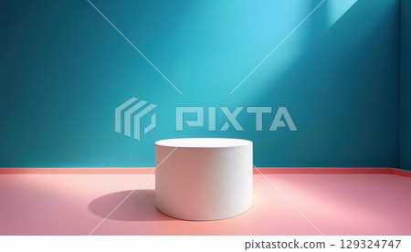 bright empty room featuring white pedestal display on vivid background, creating serene and modern atmosphere 129324747