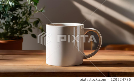 sleek minimalist mug on wooden table with soft natural lighting and gentle shadows creates calming atmosphere 129324786