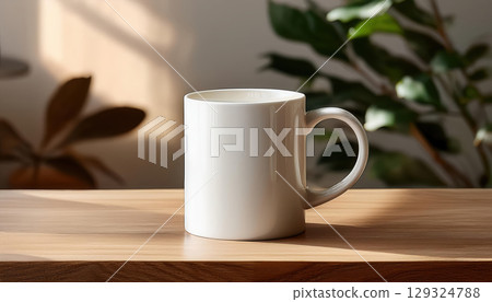 sleek minimalist mug on wooden table with soft natural lighting and gentle shadows creates calming atmosphere 129324788