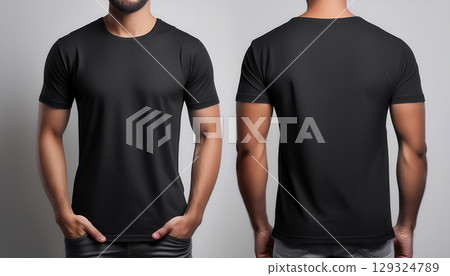 Stylish black t shirt mockup displayed front and back against minimalist background 129324789