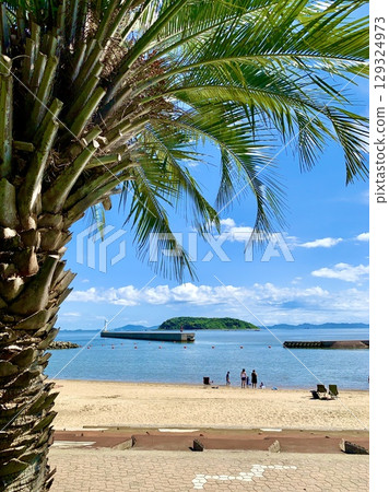 Kajishima Island seen through palm trees and the hazy Atsumi Peninsula in the distance (Kira Waikiki Beach and Ebisu Beach, Nishio City, Aichi Prefecture) 129324973