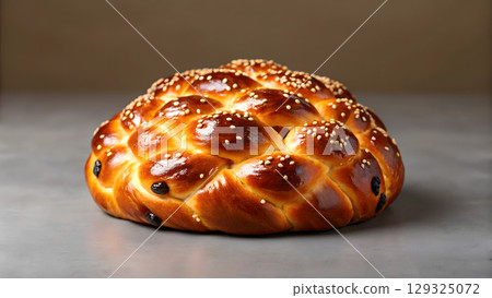 Deliciously baked challah with a golden crust and sprinkled sesame seeds on top 129325072