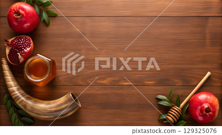 Celebrating harvest traditions with pomegranates, honey, and a shofar on a wooden table Celebrating harvest traditions with pomegranates, honey, and a shofar on a wooden table 129325076