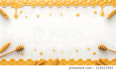 Honey and wheat in a decorative arrangement for a natural food presentation 129325083