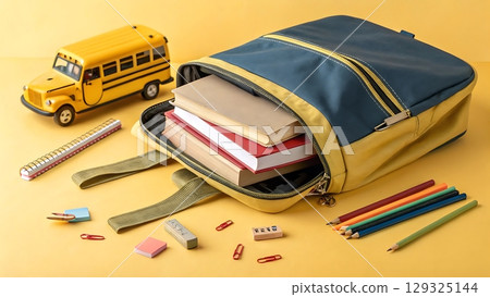 School bag with its zip open showing books inside with school bus toy 129325144