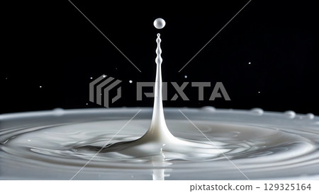 Milk splash with rising column and droplet suspended mid-air on black background 129325164