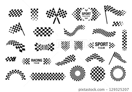 Racing flag. Start or finish checker. Black and white checkered banner of speed, victory, motorsports. Waving flags with motion. Racing events, automotive, car tuning. Vector set Racing flag. Start or finish checker. Black and white checkered banner of speed, victory, motorsports. Waving flags with motion. Racing events, automotive, car tuning. Vector set 129325207