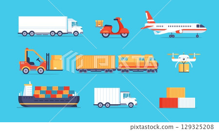 Logistics transport. Cartoon delivery transportation. Delivery trucks, cargo vans, containers, scooters, airplanes, ships, warehouse. Transportation modes and service concept. Vector set Logistics transport. Cartoon delivery transportation. Delivery trucks, cargo vans, containers, scooters, airplanes, ships, warehouse. Transportation modes and service concept. Vector set 129325208